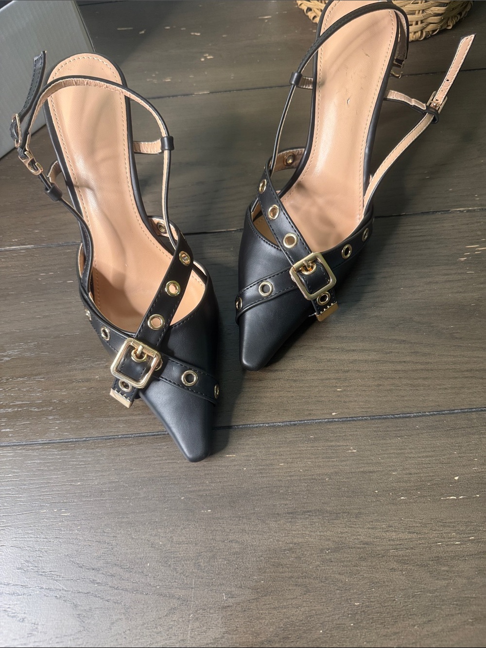 Black Pointed Slingback Heels with Gold Buckle Detail